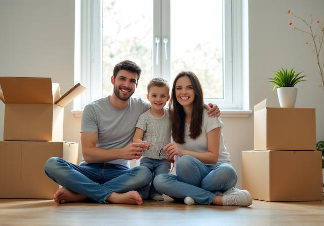Familia feliz en su nueva casa tras una mudanza equilibrada