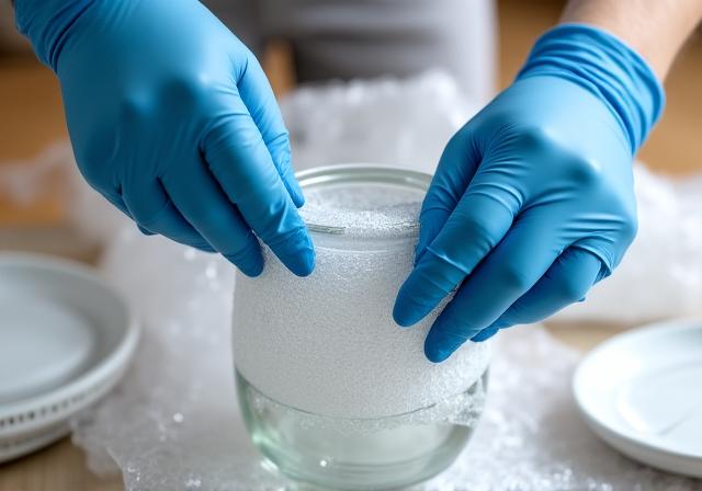 Detalle de manos protegiendo vajilla de cristal con plástico de burbujas