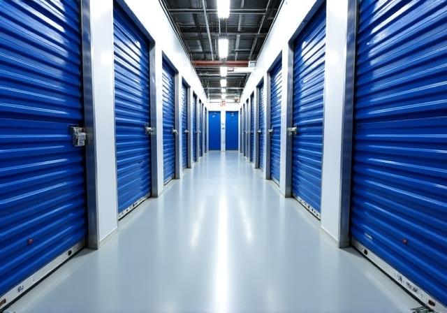 Pasillo de guardamuebles moderno y limpio con puertas azules