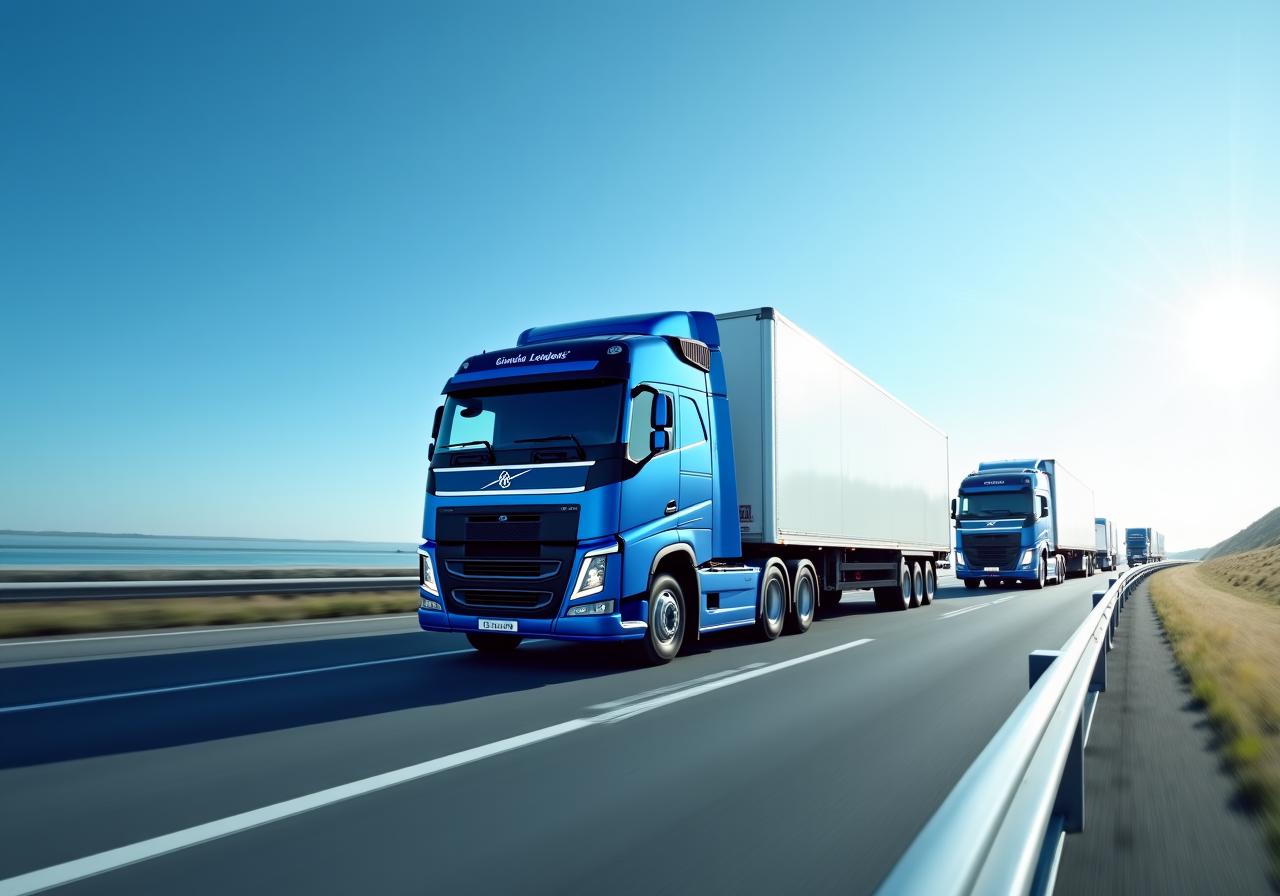 Flota de camiones modernos de Glaciar Logistics en carretera